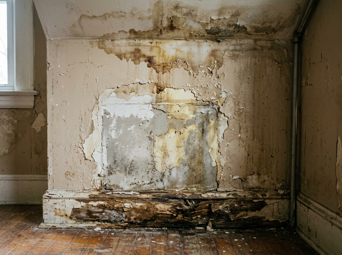 Water damaged drywall before restoration